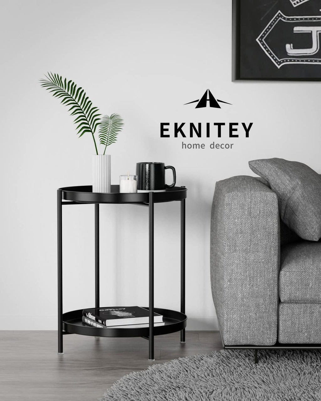 Black 2-Tier Metal Side Table with Removable Tray for Indoor Outdoor Use