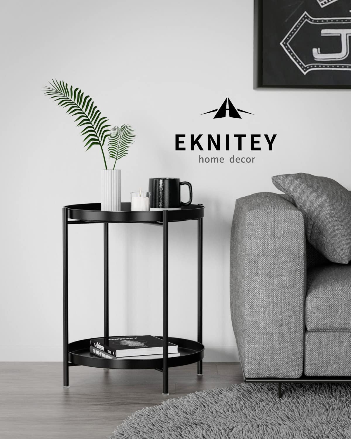 Black 2-Tier Metal Side Table with Removable Tray for Indoor Outdoor Use