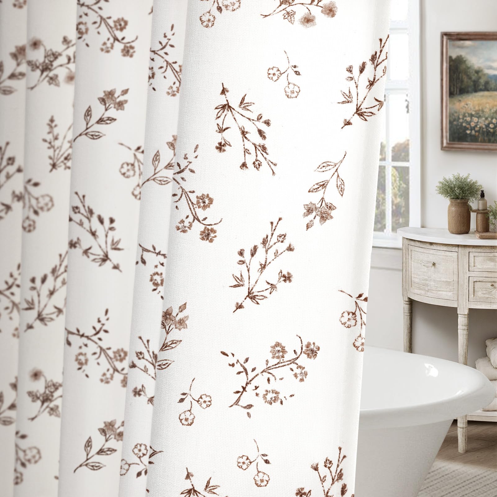 Floral Farmhouse Vintage Linen Shower Curtain, French Country Spring Shower Curtains for Bathroom, 72Wx72H