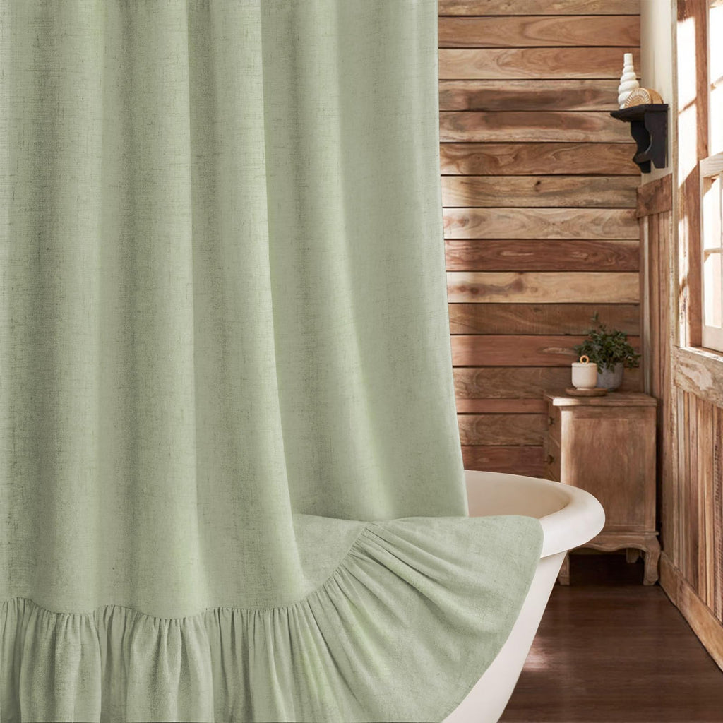 Beige Linen Farmhouse Ruffle Shower Curtain 72"×72", Rustic Boho Country Bathroom Fabric Curtain