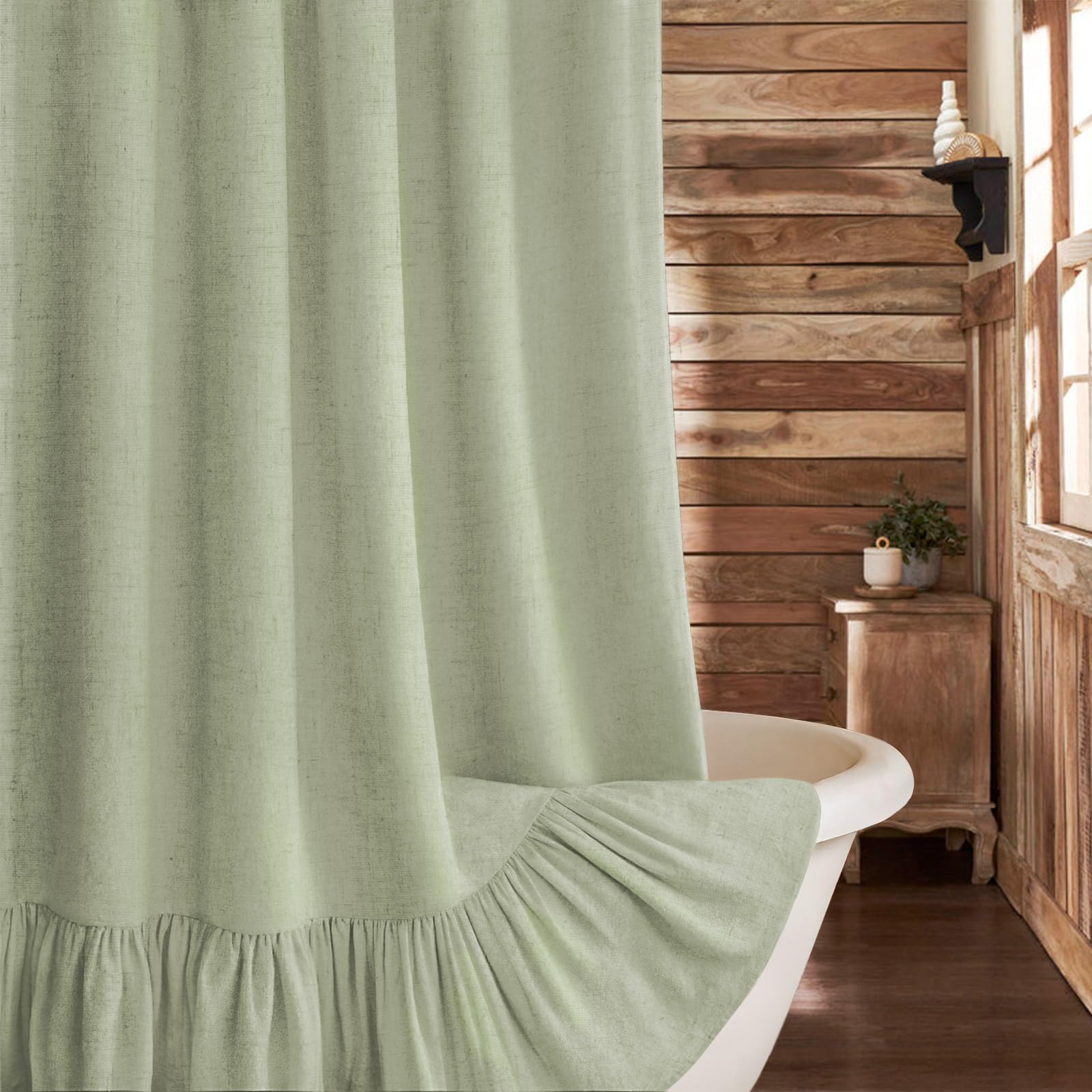 Beige Linen Farmhouse Ruffle Shower Curtain 72"×72", Rustic Boho Country Bathroom Fabric Curtain