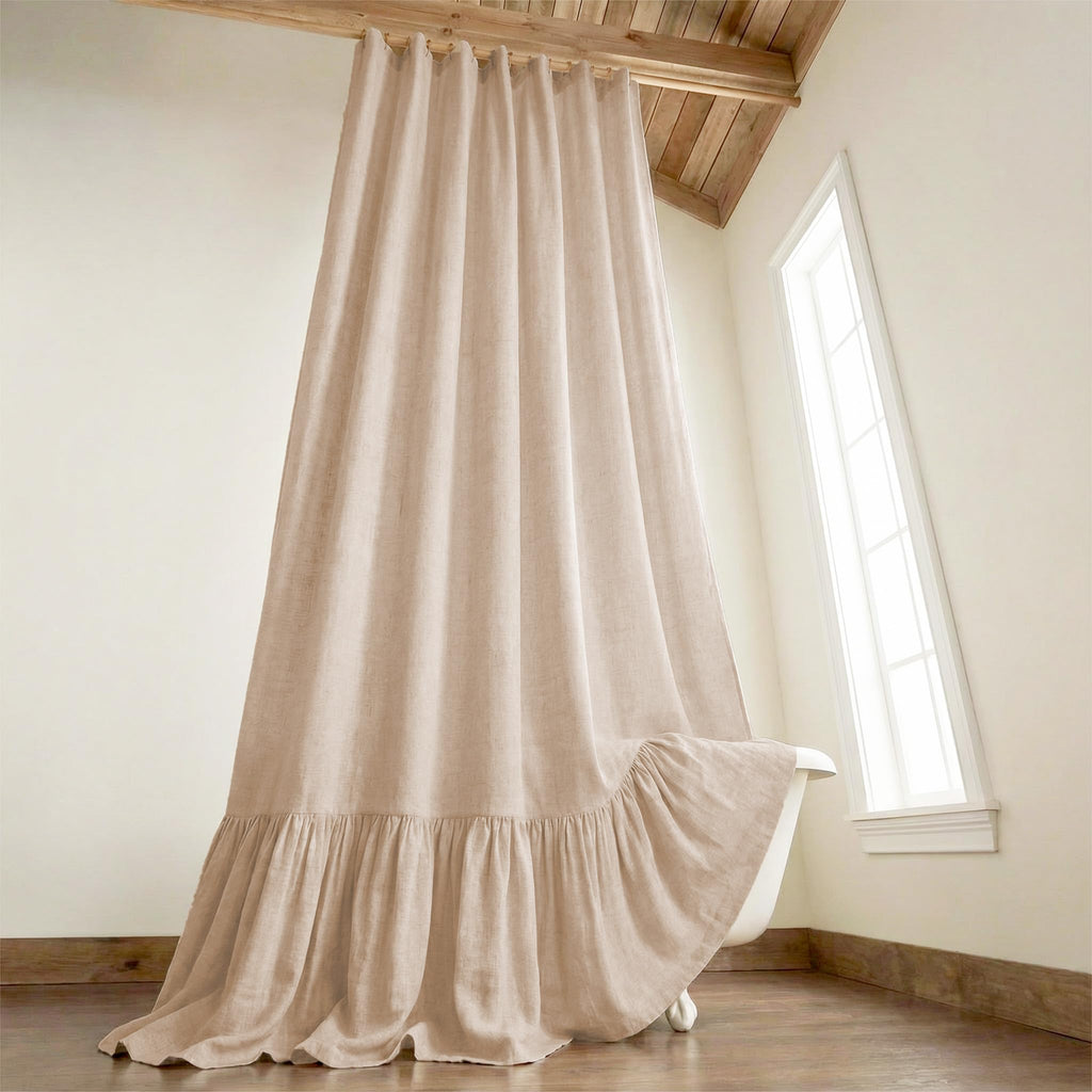 Beige Linen Farmhouse Ruffle Shower Curtain 72"×72", Rustic Boho Country Bathroom Fabric Curtain