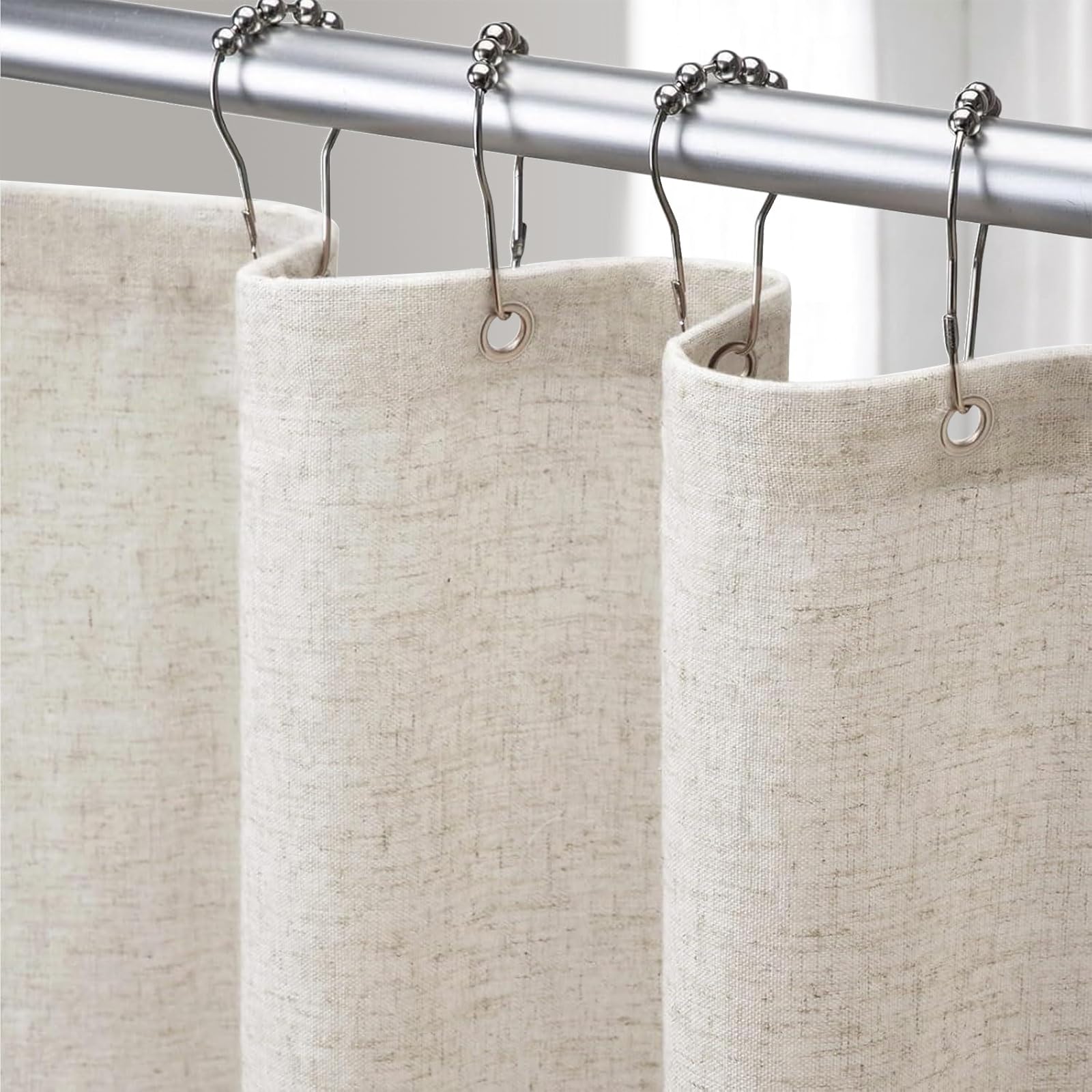 Linen Shower Curtain Beige, Fabric Boho Farmhouse Shower Curtains for Bathroom Cream Cotton Natural Cloth 72" W x 72" L