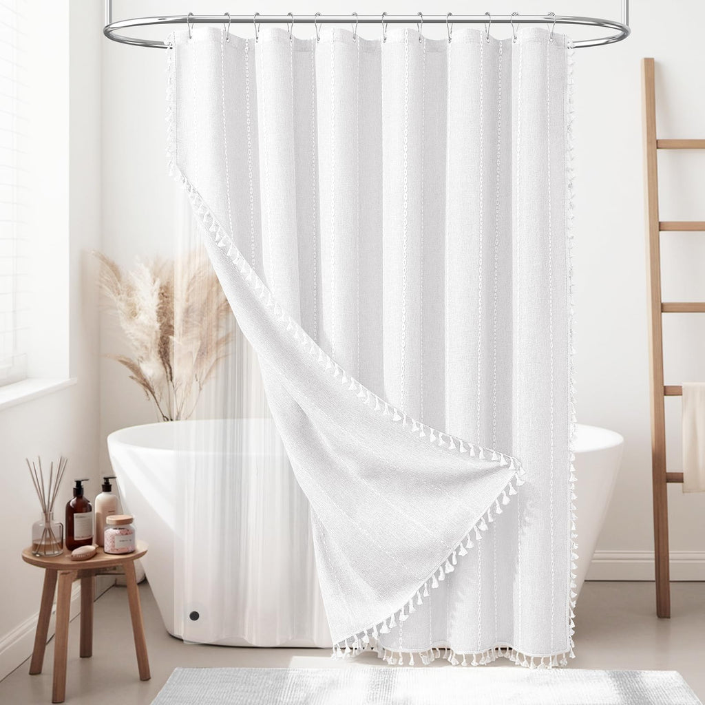 BTTN Boho Farmhouse Shower Curtain, Linen Rustic Weighted Striped Cloth Shower Curtain Set with Tassel, Water Repellent, Bohemian Vintage Country Fabric Shower Curtain for Bathroom, Cream/Beige, 72x72
