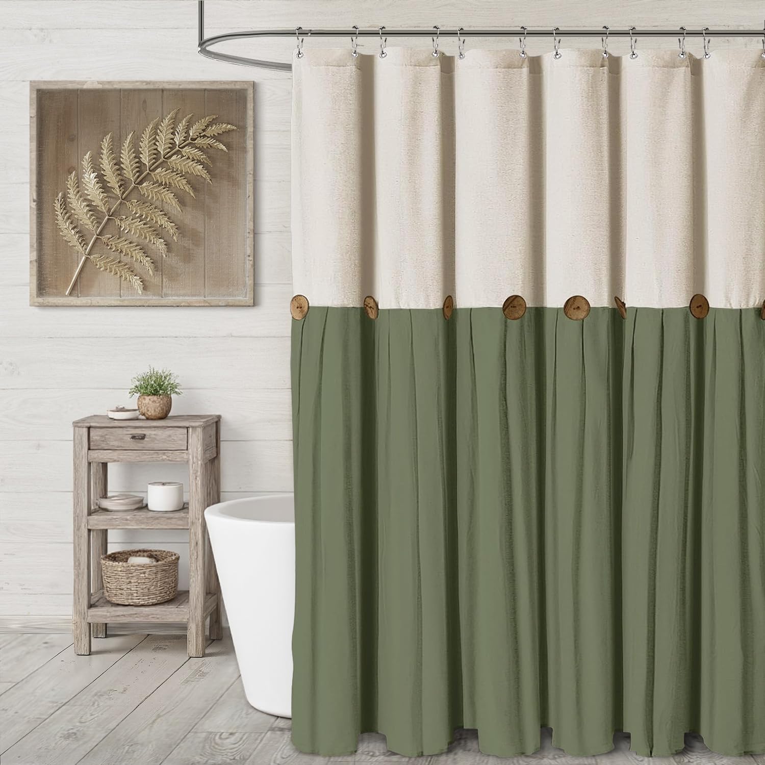 Farmhouse Shower Curtain Linen Beige Button Woven Fabric Country Rustic Western, Pleated Brown Stripe 72" W x 72" L