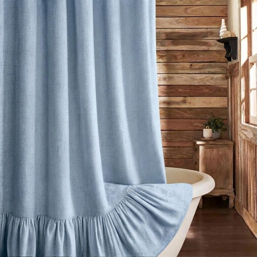 Beige Linen Farmhouse Ruffle Shower Curtain 72"×72", Rustic Boho Country Bathroom Fabric Curtain