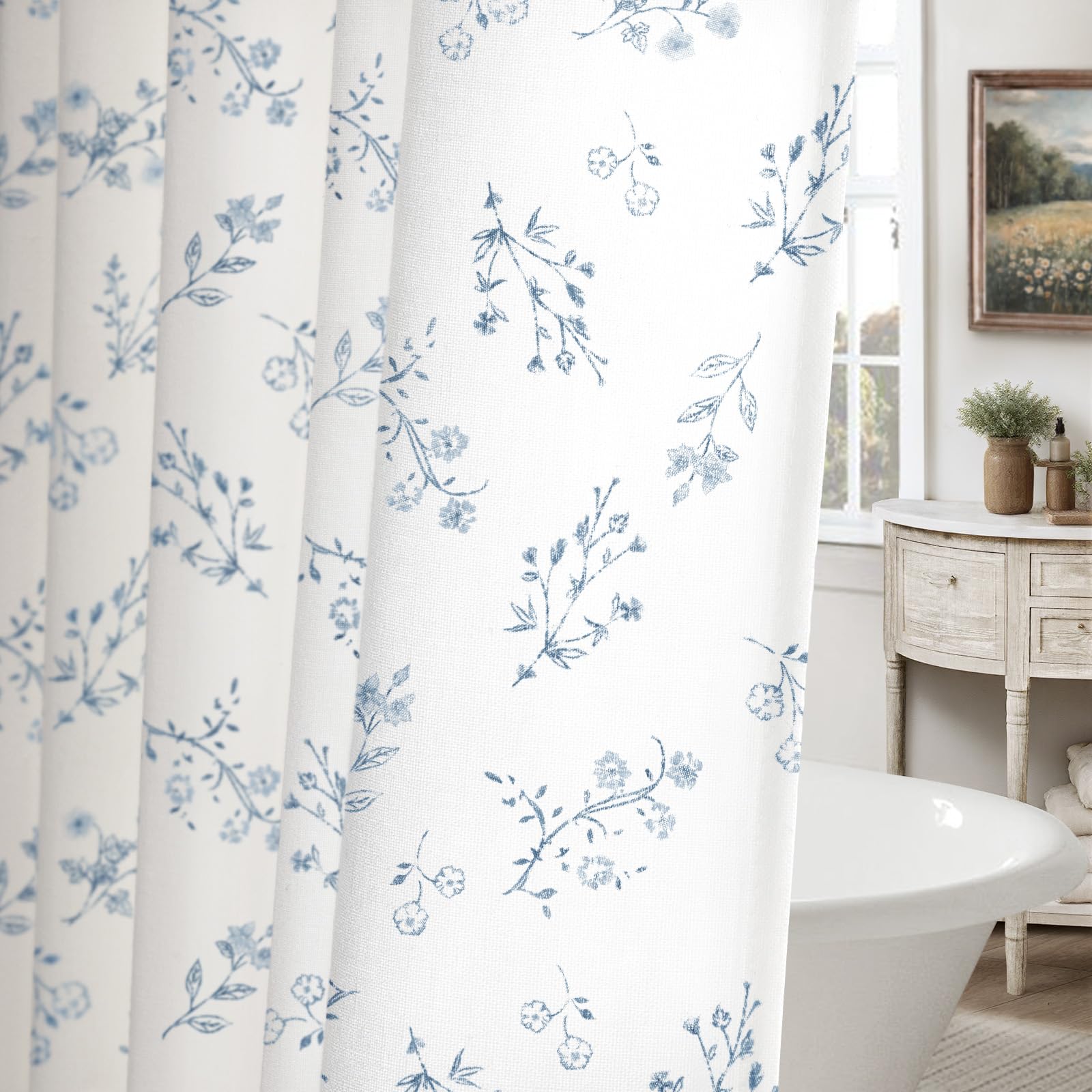 Floral Farmhouse Vintage Linen Shower Curtain, French Country Spring Shower Curtains for Bathroom, 72Wx72H