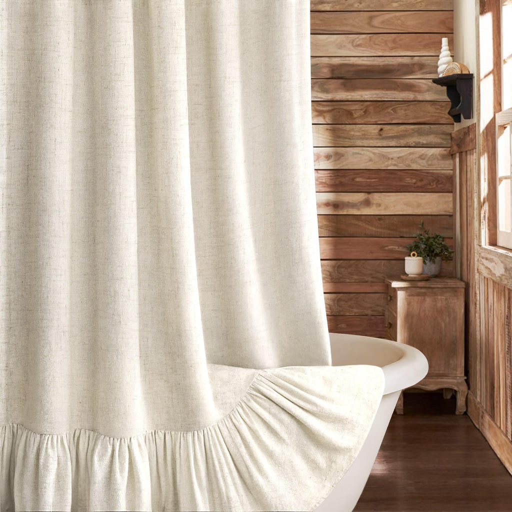 Beige Linen Farmhouse Ruffle Shower Curtain 72"×72", Rustic Boho Country Bathroom Fabric Curtain