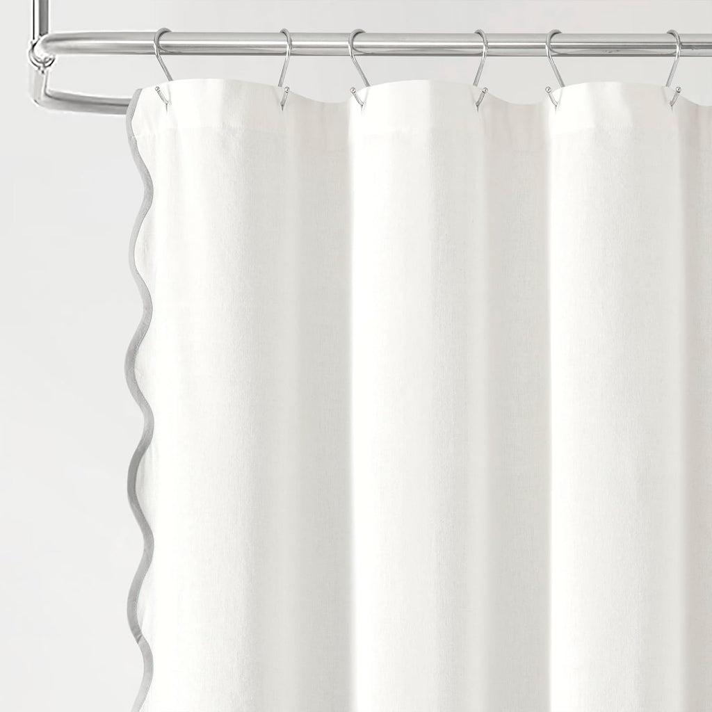 Lush Decor Coastal Chic Scallop Edge Linen-Textured Shower Curtain, Single 72" W x 72" L, Gray & White - Scalloped Shower Curtains - Coastal Bathroom Curtain