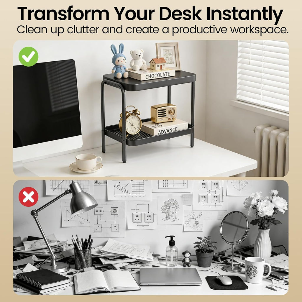 2 in 1 Desktop & Floor End Table with Storage Shelves, Compact 2-Tier Side Table for Office Desk Organization, Bedside Nightstand, Small Space Nightstand for Living Room, Bedroom, Office