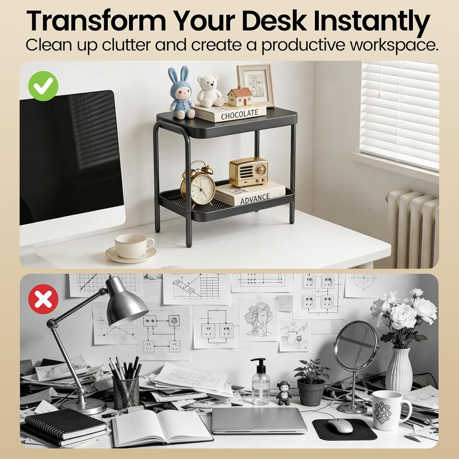 2 in 1 Desktop & Floor End Table with Storage Shelves, Compact 2-Tier Side Table for Office Desk Organization, Bedside Nightstand, Small Space Nightstand for Living Room, Bedroom, Office