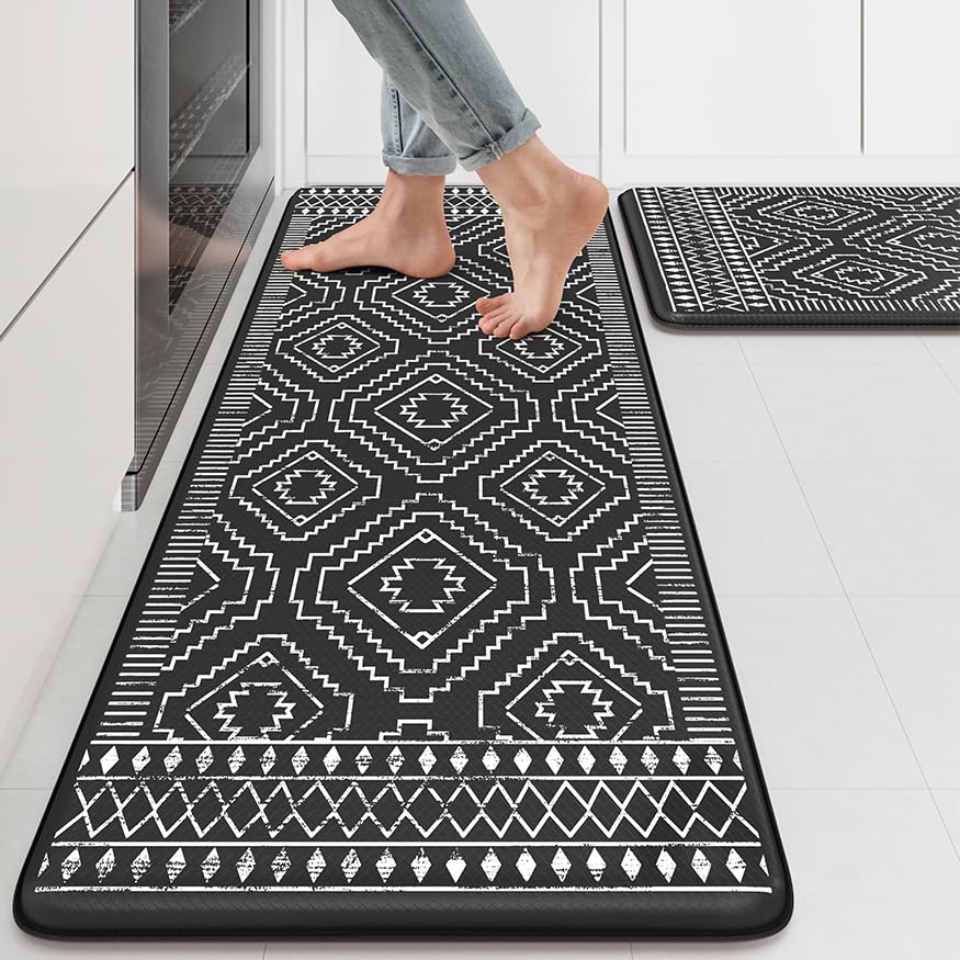 KIMODE Anti Fatigue Mats for Kitchen Floor Non Slip,Farmhouse Boho Floral Standing Kitchen Rugs Sets of 2,Comfort Cushioned Padded Ergonomic Carpet for Laundry Sink Office,Beige