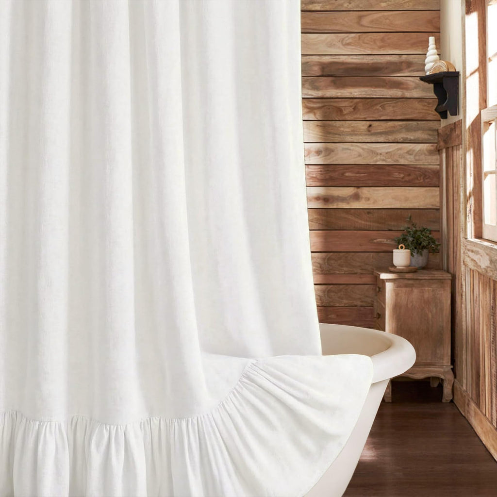 Beige Linen Farmhouse Ruffle Shower Curtain 72"×72", Rustic Boho Country Bathroom Fabric Curtain