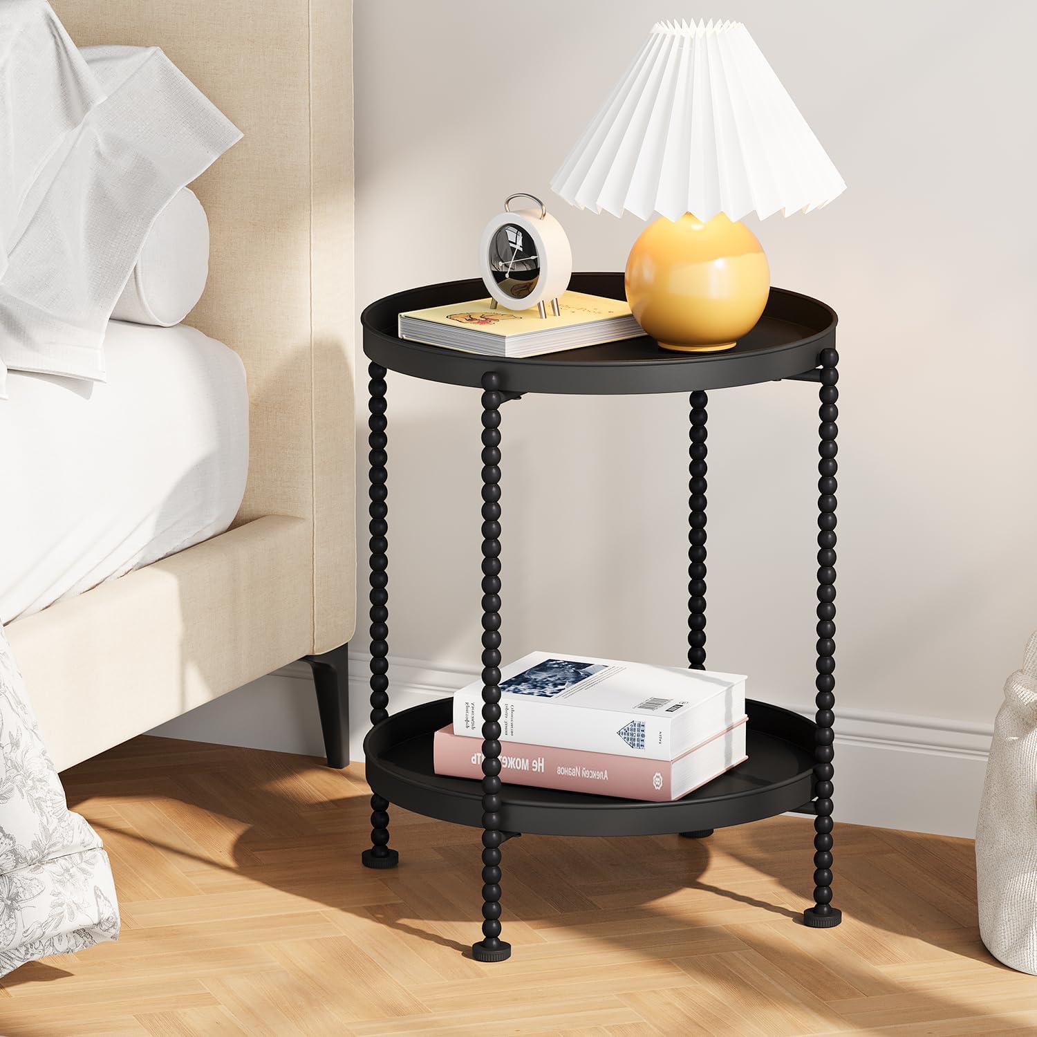 YINMIT 2 Tier End Table,Outdoor Metal Round Side Table,Waterproof Sofa Coffee Side Tables,Bedside Nightstand for Living Room, Bedroom, Office, Balcony