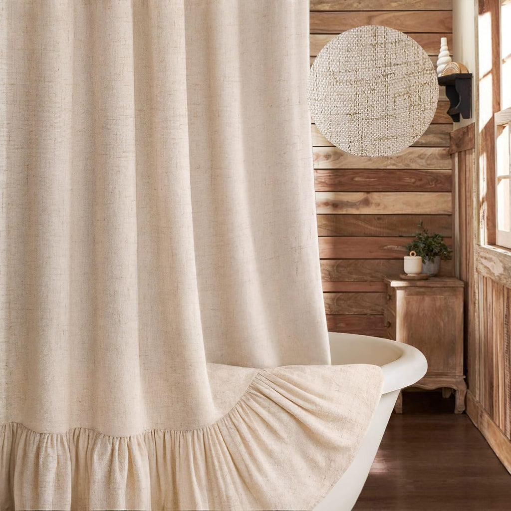 Beige Linen Farmhouse Ruffle Shower Curtain 72"×72", Rustic Boho Country Bathroom Fabric Curtain