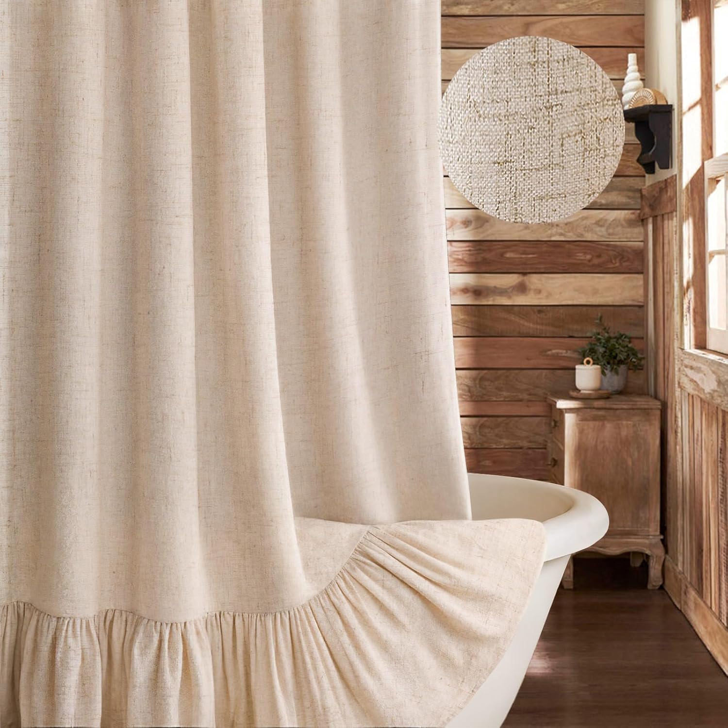 Beige Linen Farmhouse Ruffle Shower Curtain 72"×72", Rustic Boho Country Bathroom Fabric Curtain