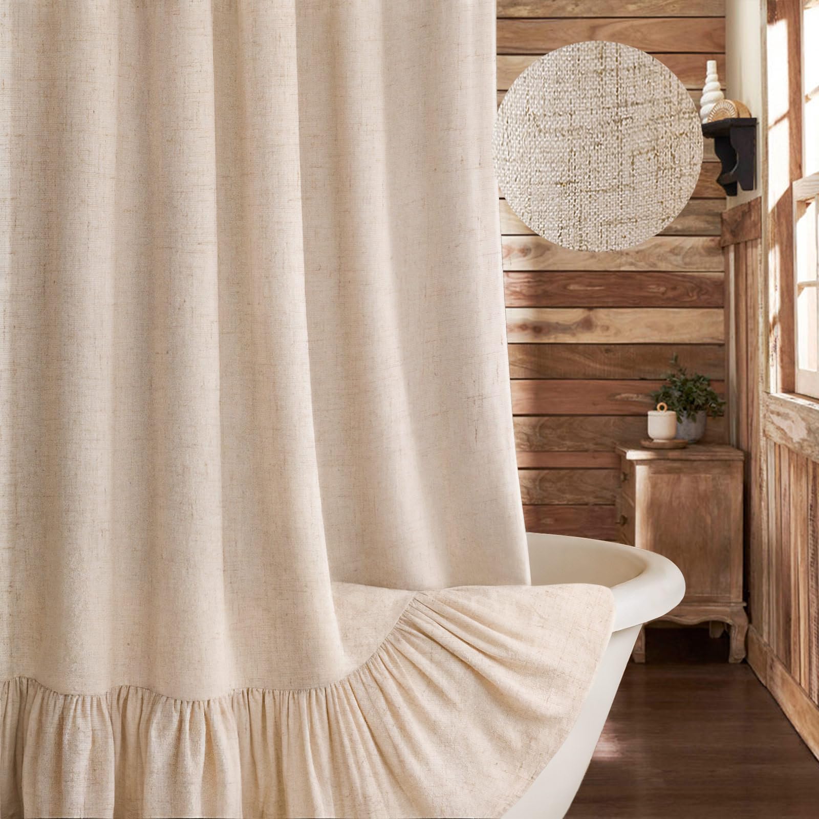 Beige Linen Farmhouse Ruffle Shower Curtain 72"×72", Rustic Boho Country Bathroom Fabric Curtain