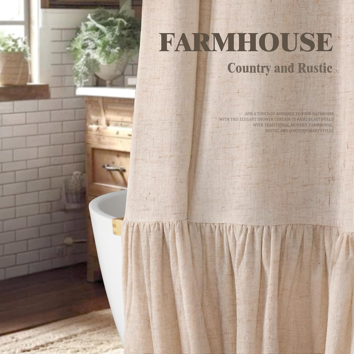 Beige Linen Farmhouse Ruffle Shower Curtain 72"×72", Rustic Boho Country Bathroom Fabric Curtain