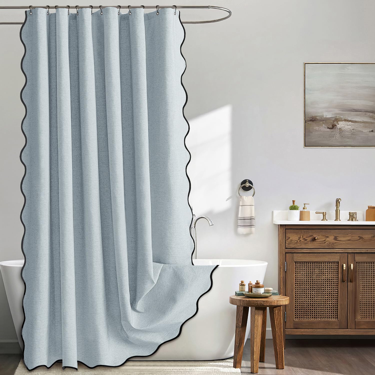 MIULEE Beige Scalloped Shower Curtain Linen Textured with 12 Metal Hooks Cute Heavy Duty Washable Waterproof Neutral Thick Cloth Shower Curtains with Black Border for Bathroom Bathtub,W72*L72 Cream
