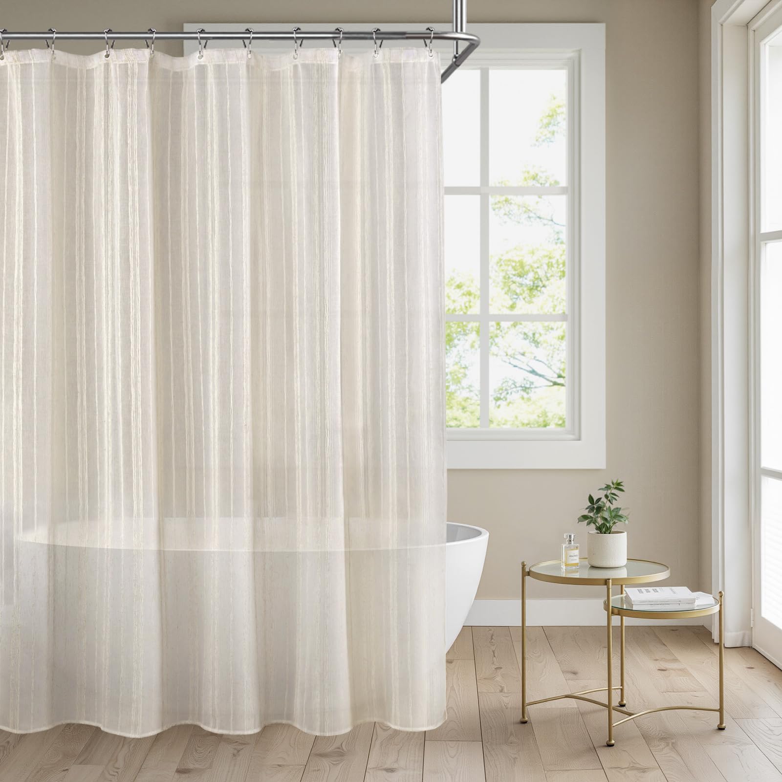 Linen Shower Curtain Beige, Fabric Boho Farmhouse Shower Curtains for Bathroom Cream Cotton Natural Cloth 72" W x 72" L
