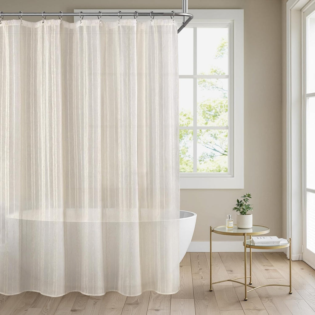 Linen Shower Curtain Beige, Fabric Boho Farmhouse Shower Curtains for Bathroom Cream Cotton Natural Cloth 72" W x 72" L