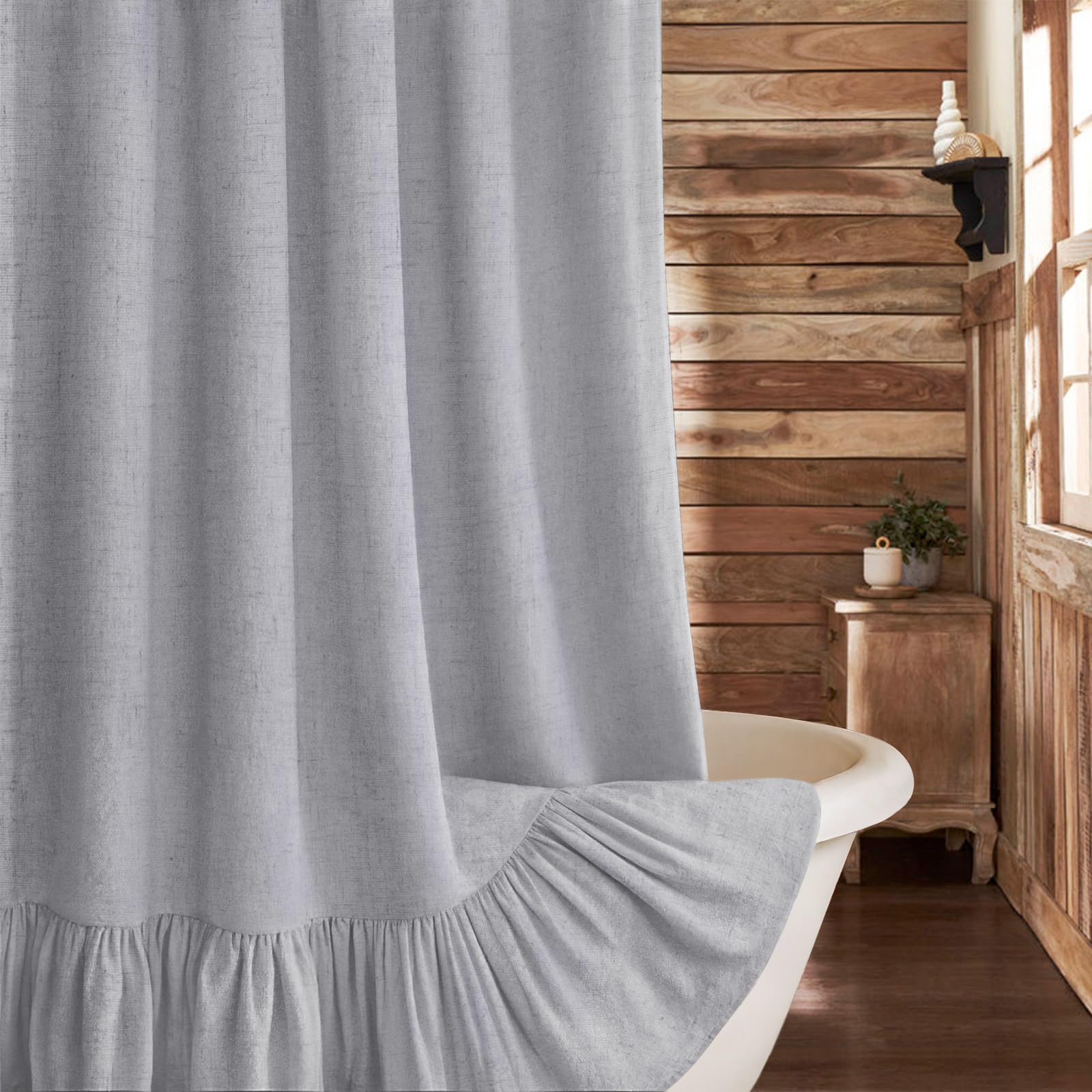 Beige Linen Farmhouse Ruffle Shower Curtain 72"×72", Rustic Boho Country Bathroom Fabric Curtain