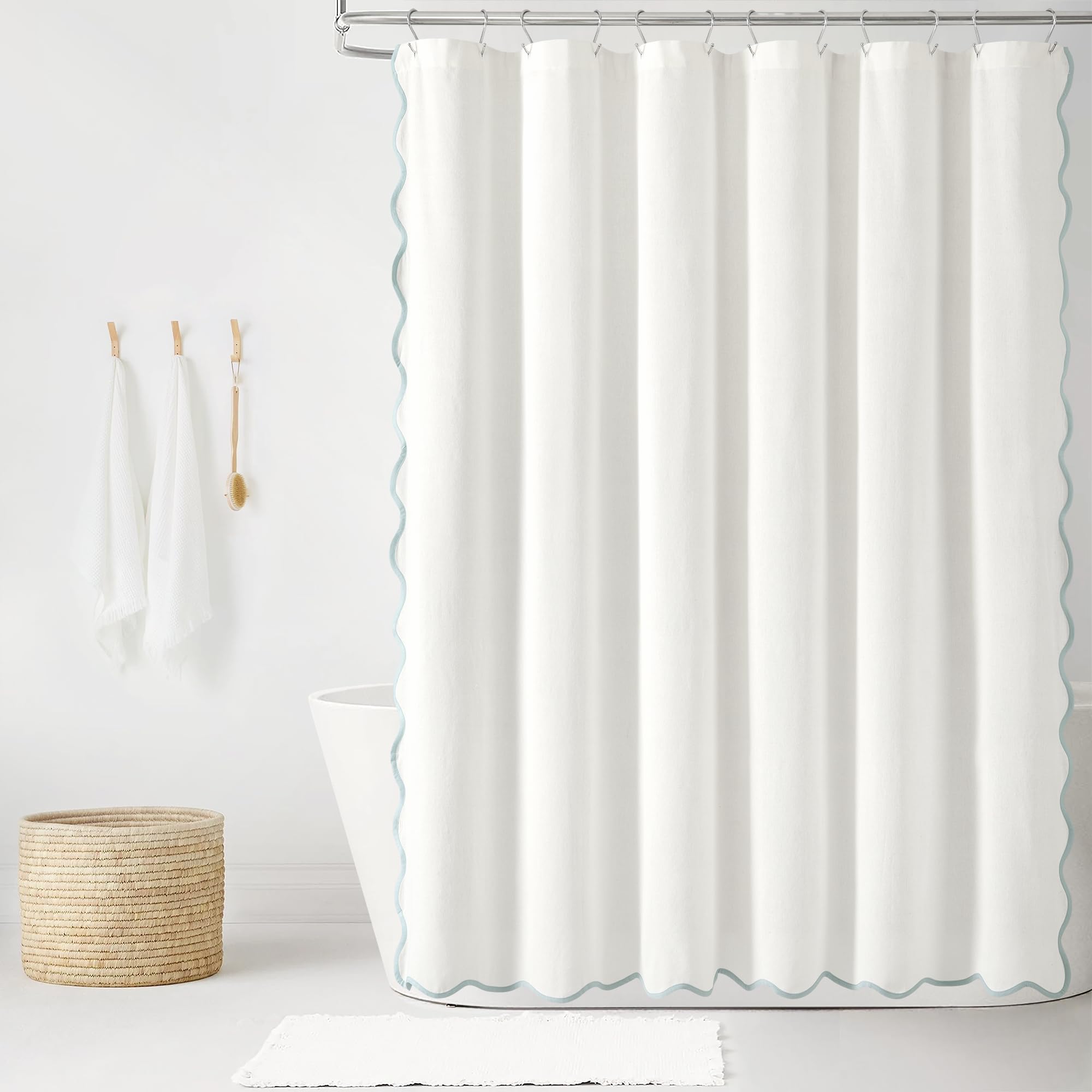 Lush Decor Coastal Chic Scallop Edge Linen-Textured Shower Curtain, Single 72" W x 72" L, Gray & White - Scalloped Shower Curtains - Coastal Bathroom Curtain