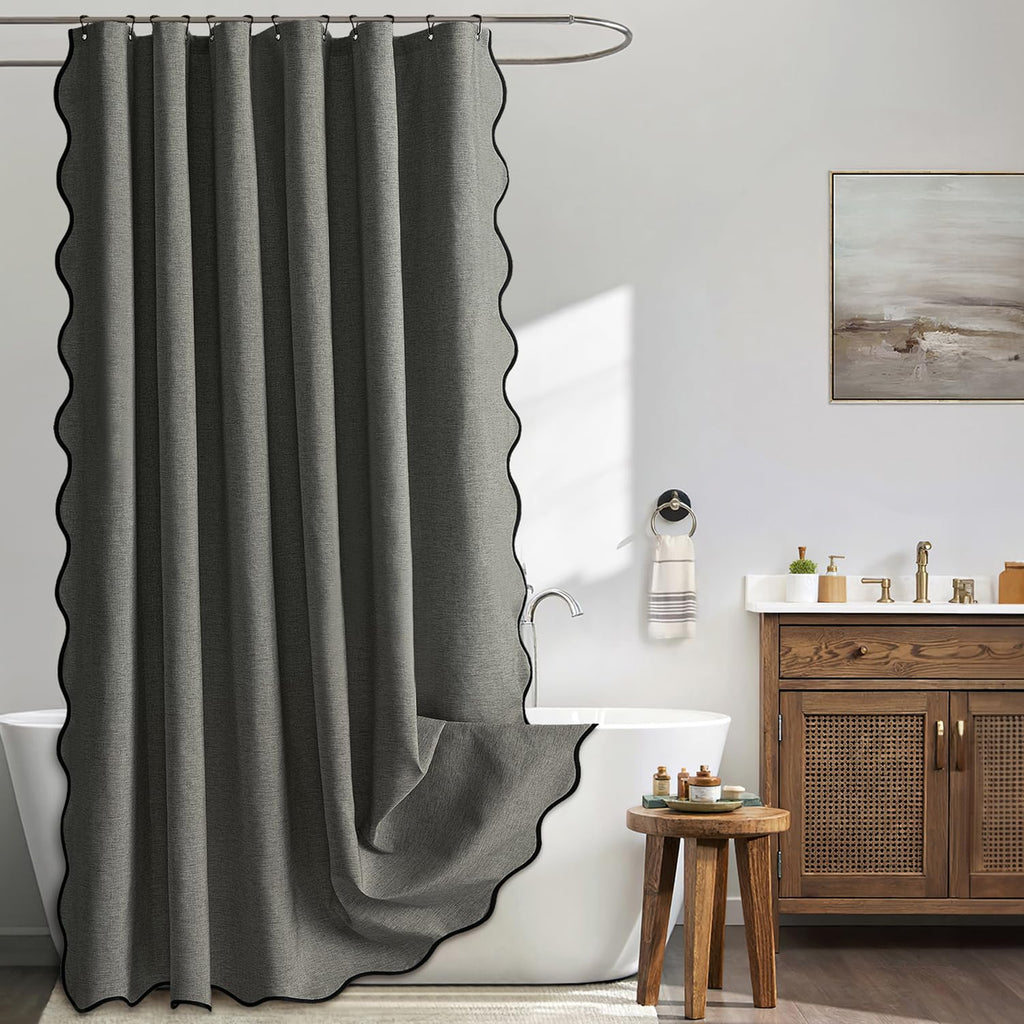 MIULEE Beige Scalloped Shower Curtain Linen Textured with 12 Metal Hooks Cute Heavy Duty Washable Waterproof Neutral Thick Cloth Shower Curtains with Black Border for Bathroom Bathtub,W72*L72 Cream