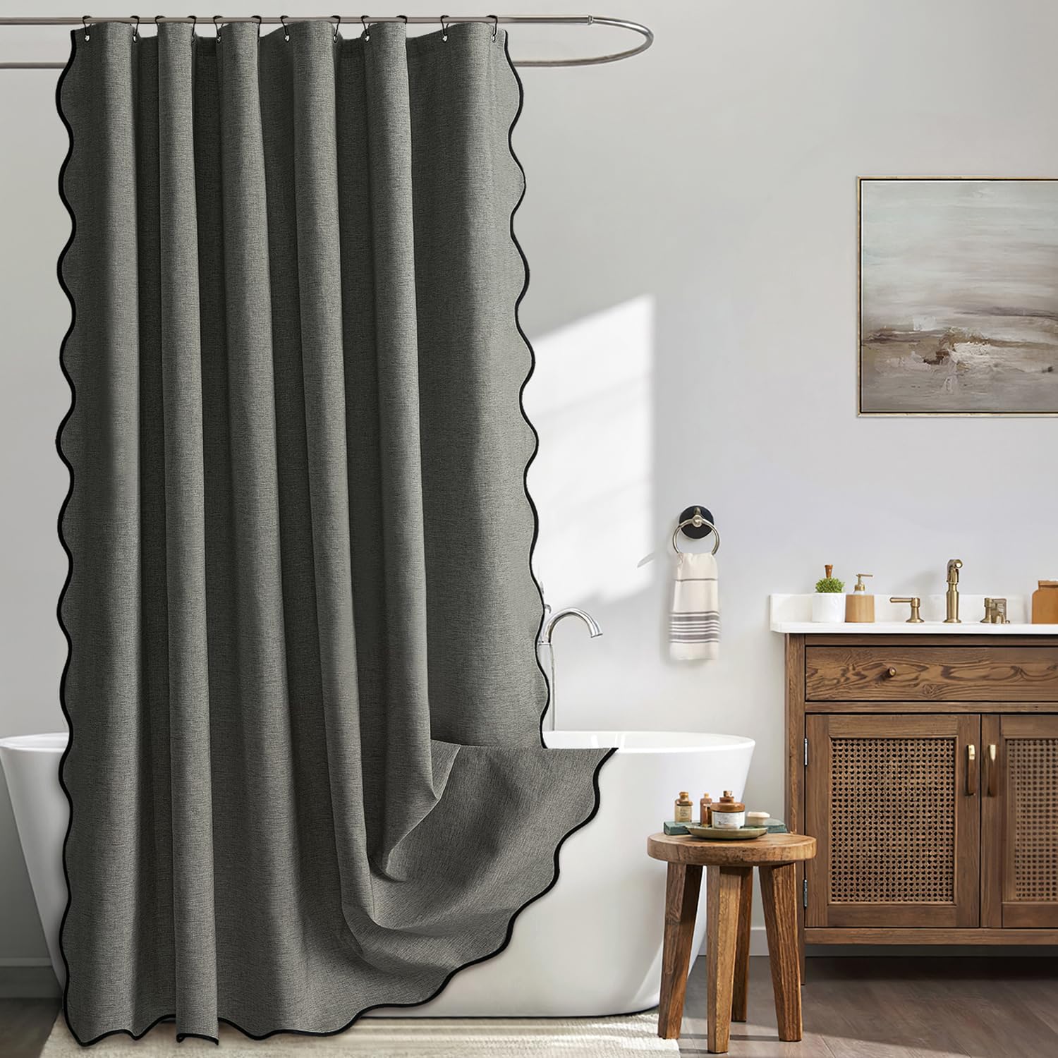 MIULEE Beige Scalloped Shower Curtain Linen Textured with 12 Metal Hooks Cute Heavy Duty Washable Waterproof Neutral Thick Cloth Shower Curtains with Black Border for Bathroom Bathtub,W72*L72 Cream