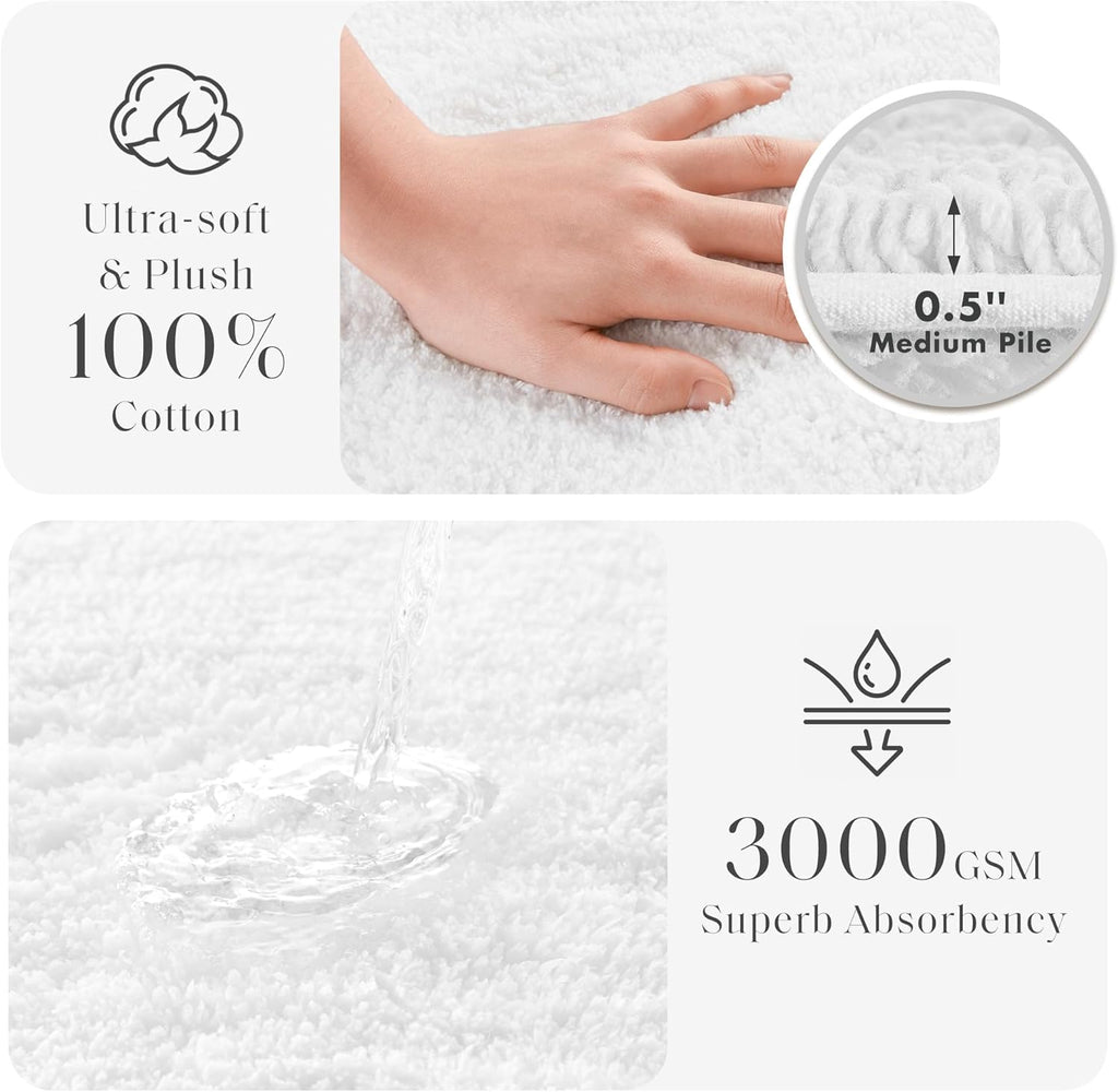 21"×34" White Reversible Tufted Cotton Bath Rug, 3000GSM Absorbent Quick Dry Bathroom Mat