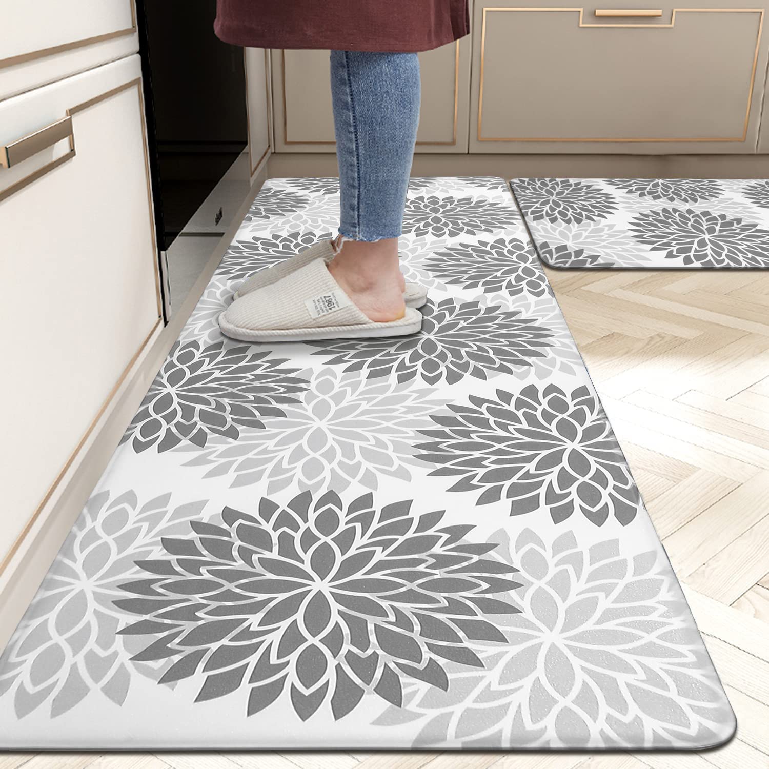 HEBE Anti Fatigue Kitchen Rugs Sets of 2, Non Slip Kitchen Mats for Floor, Waterproof Cushioned Comfort Standing Carpet for Kitchen Sink, Home Office, Laundry Room, Gray