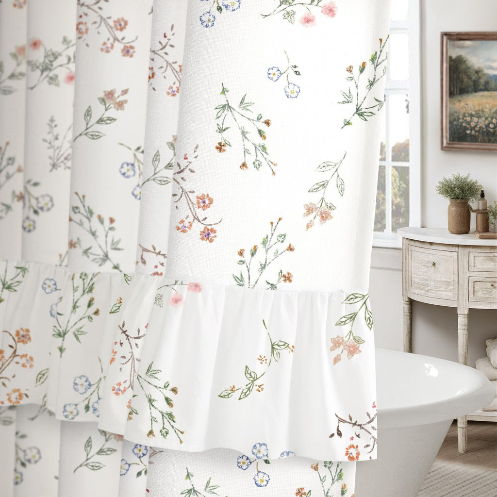 Floral Farmhouse Vintage Linen Shower Curtain, French Country Spring Shower Curtains for Bathroom, 72Wx72H