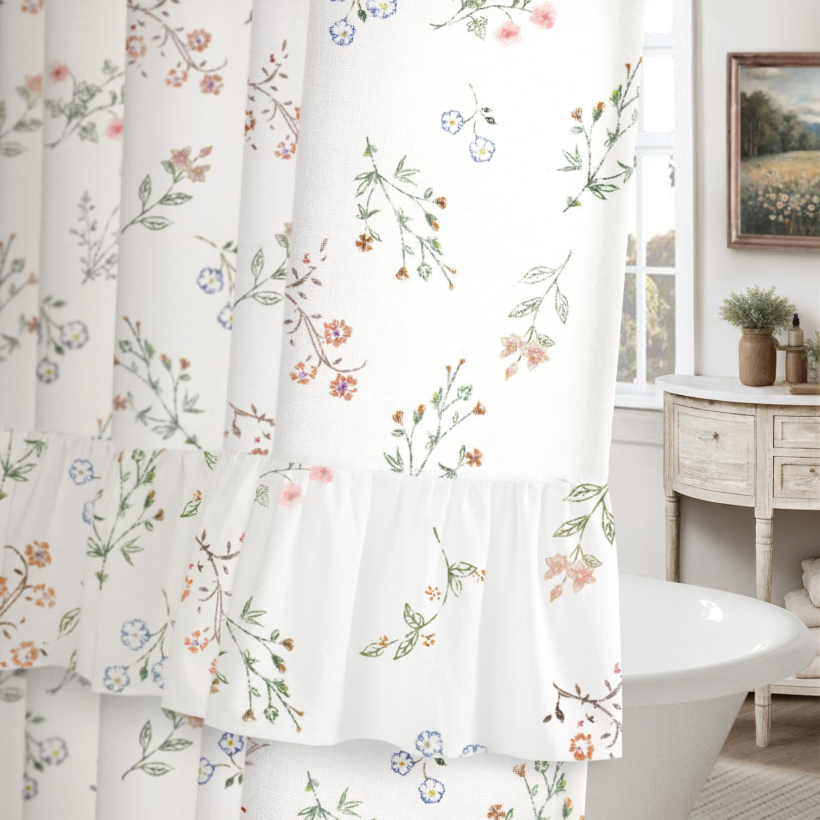 Floral Farmhouse Vintage Linen Shower Curtain, French Country Spring Shower Curtains for Bathroom, 72Wx72H