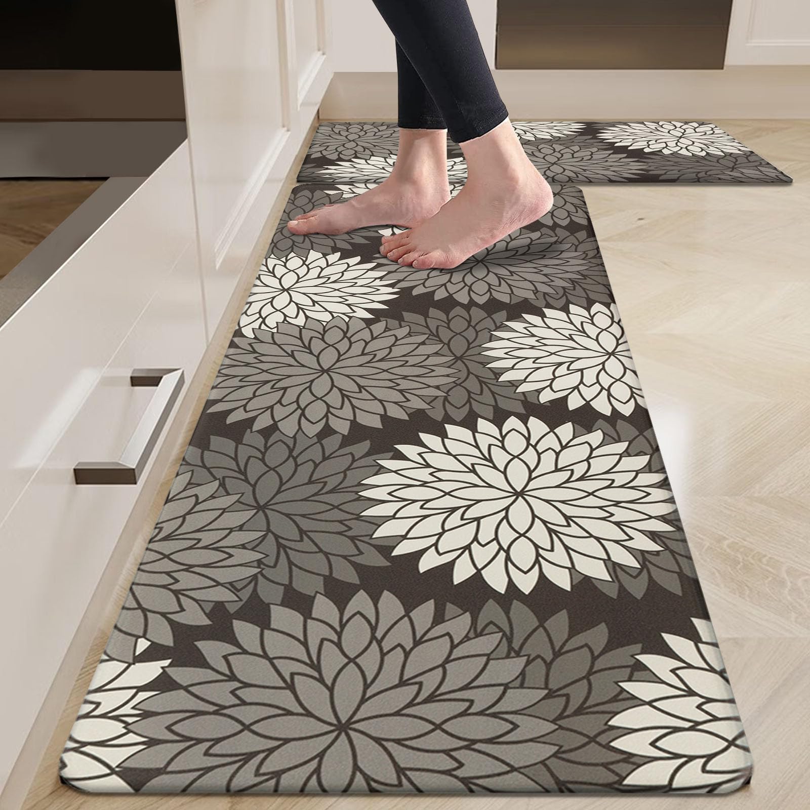 HEBE Anti Fatigue Kitchen Rugs Sets of 2, Non Slip Kitchen Mats for Floor, Waterproof Cushioned Comfort Standing Carpet for Kitchen Sink, Home Office, Laundry Room, Gray
