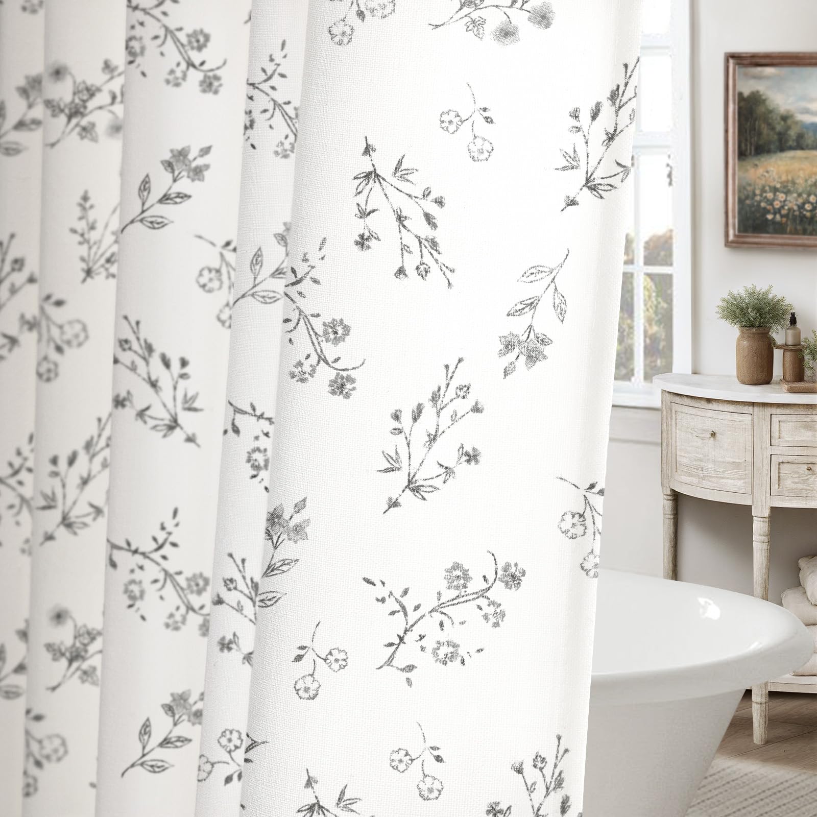 Floral Farmhouse Vintage Linen Shower Curtain, French Country Spring Shower Curtains for Bathroom, 72Wx72H