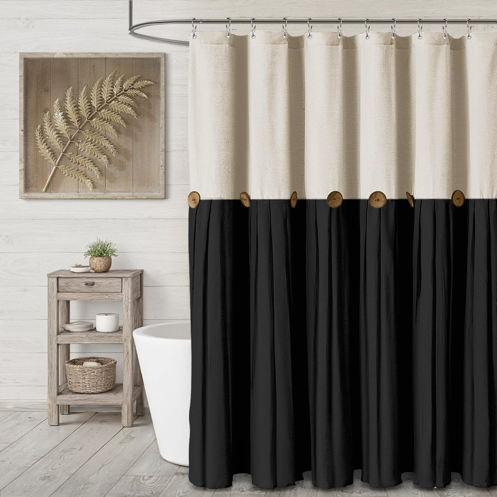 Farmhouse Shower Curtain Linen Beige Button Woven Fabric Country Rustic Western, Pleated Brown Stripe 72" W x 72" L