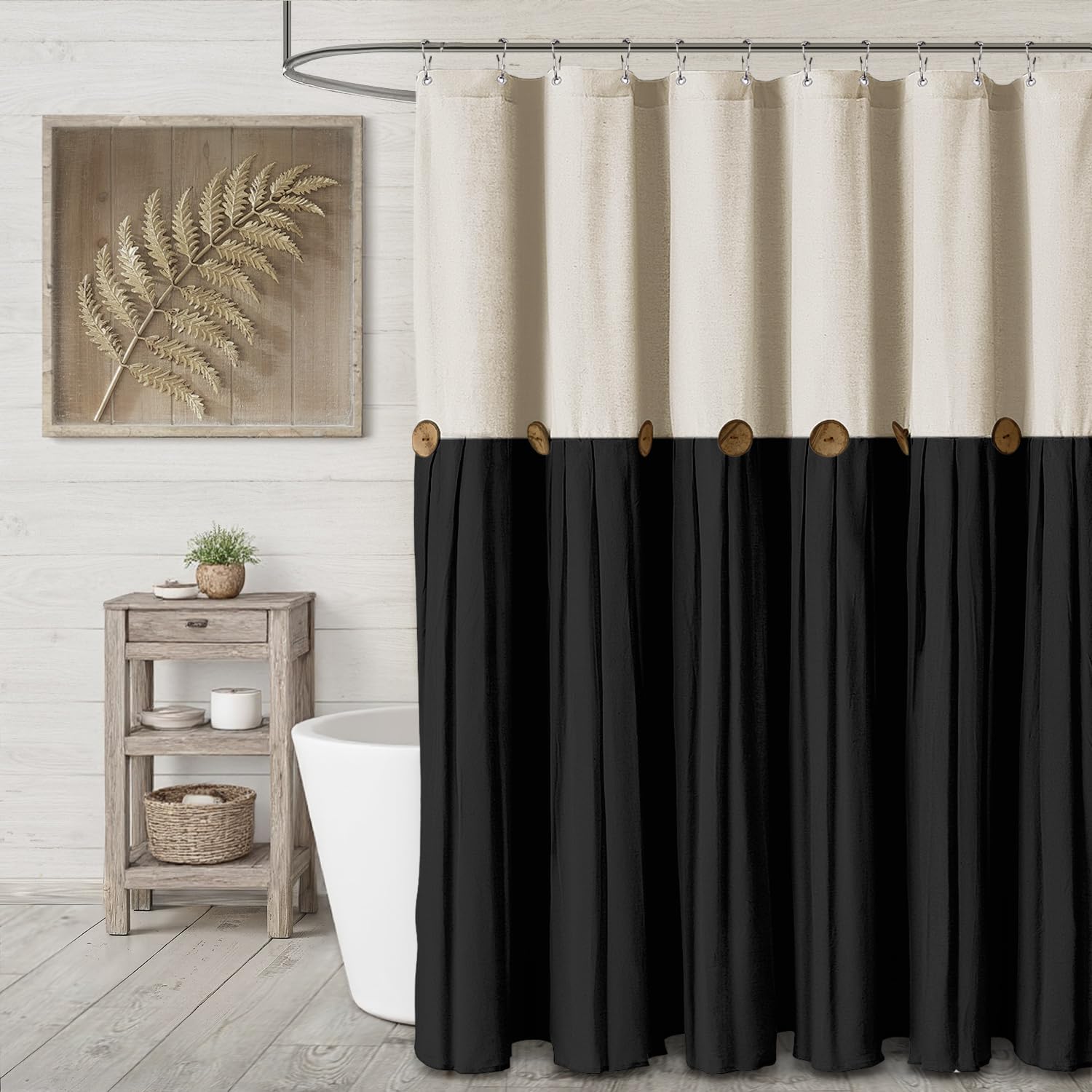 Farmhouse Shower Curtain Linen Beige Button Woven Fabric Country Rustic Western, Pleated Brown Stripe 72" W x 72" L