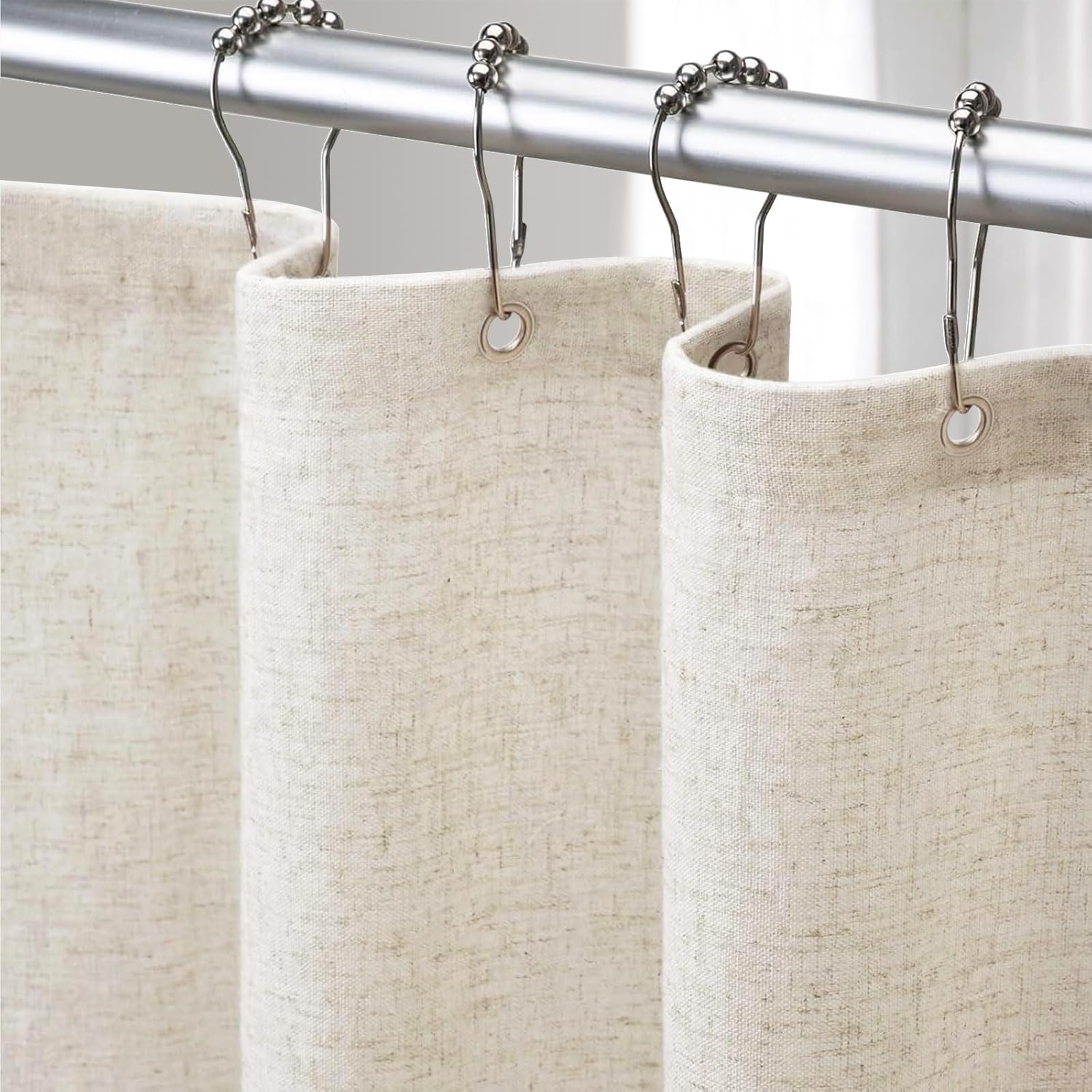 Linen Shower Curtain Beige, Fabric Boho Farmhouse Shower Curtains for Bathroom Cream Cotton Natural Cloth 72" W x 72" L