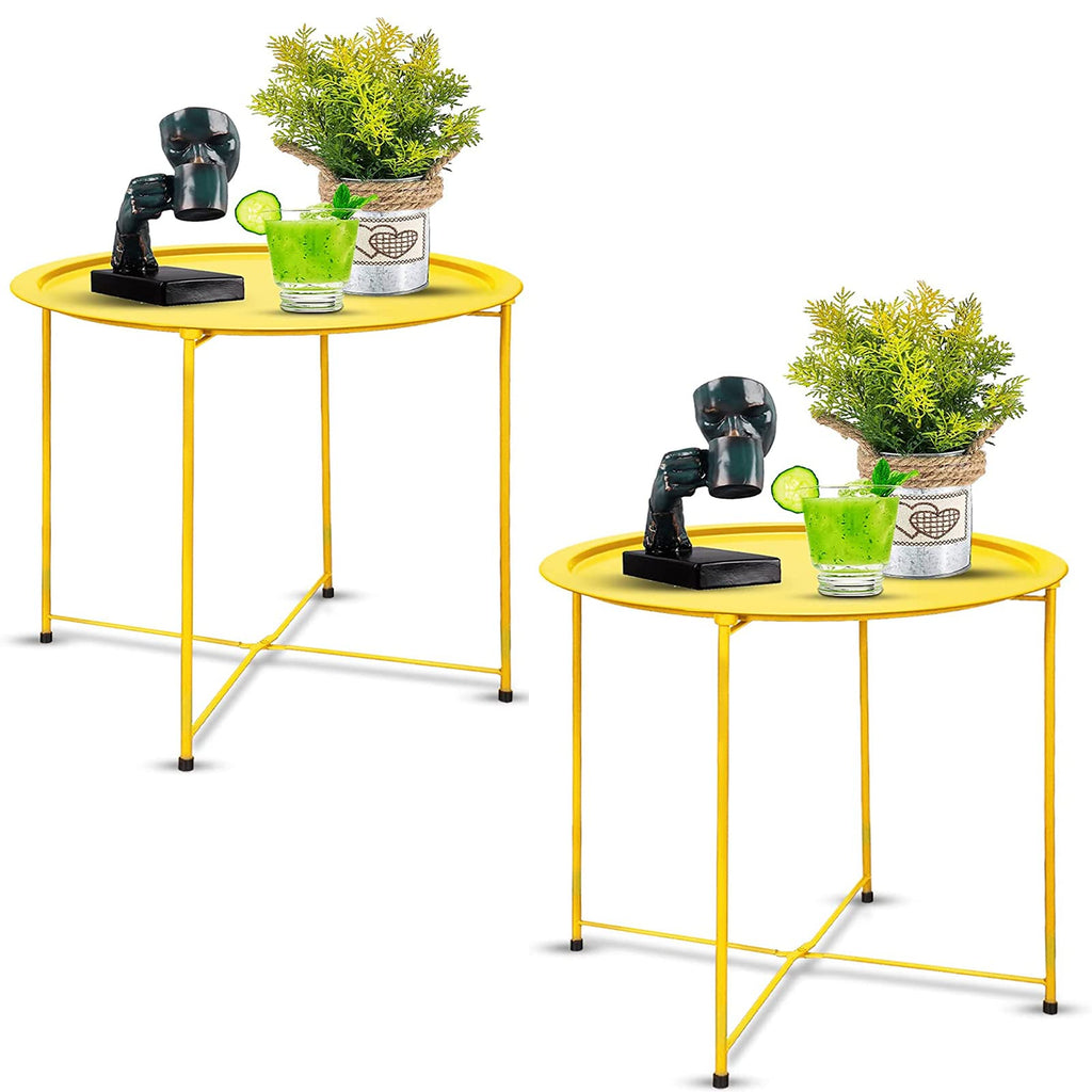 Garden 4 you End Table 2 PCS Metal Side Table Black Round Folding Tray Cyan Sofa Small Accent Fold-able Table, Round End Table Tray, Next to Sofa Table, Snack Table for Living Room and Bed Room