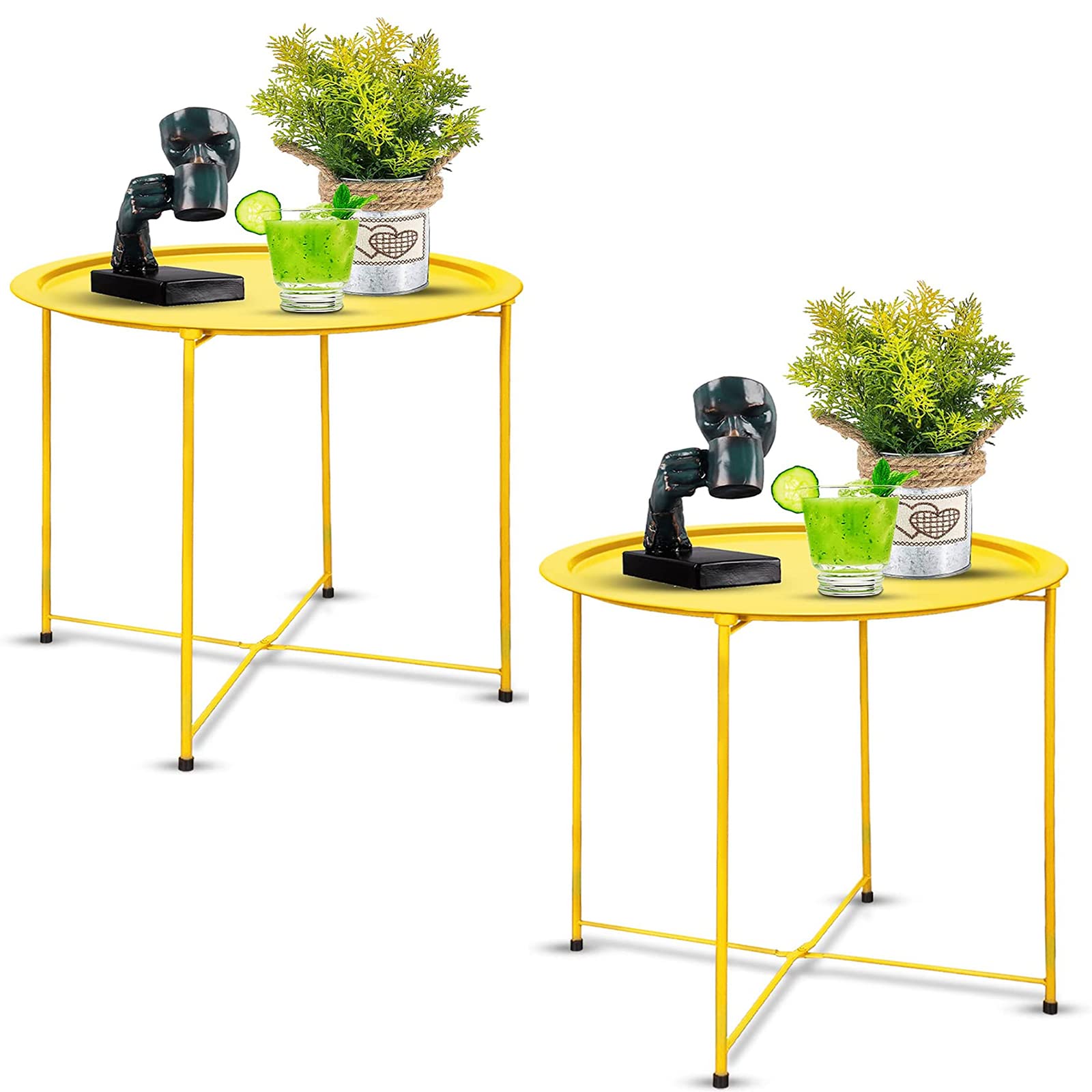 Garden 4 you End Table 2 PCS Metal Side Table Black Round Folding Tray Cyan Sofa Small Accent Fold-able Table, Round End Table Tray, Next to Sofa Table, Snack Table for Living Room and Bed Room