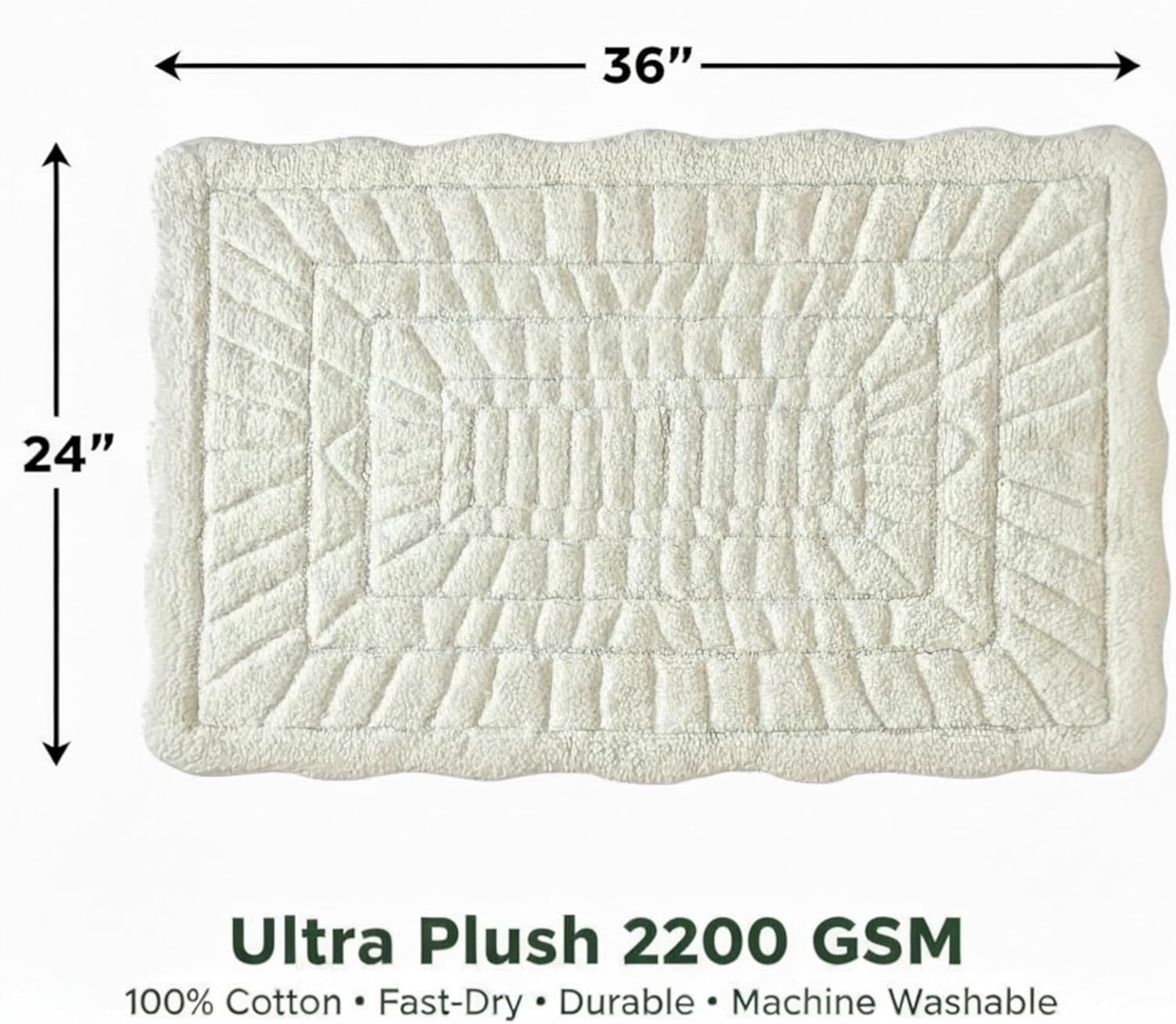 100% Cotton Bath Rug, 2200 GSM Plush Tufted Bath Mat, Soft Absorbent Luxury Bathroom Rug, Machine Washable, 36" x 24" Ivory