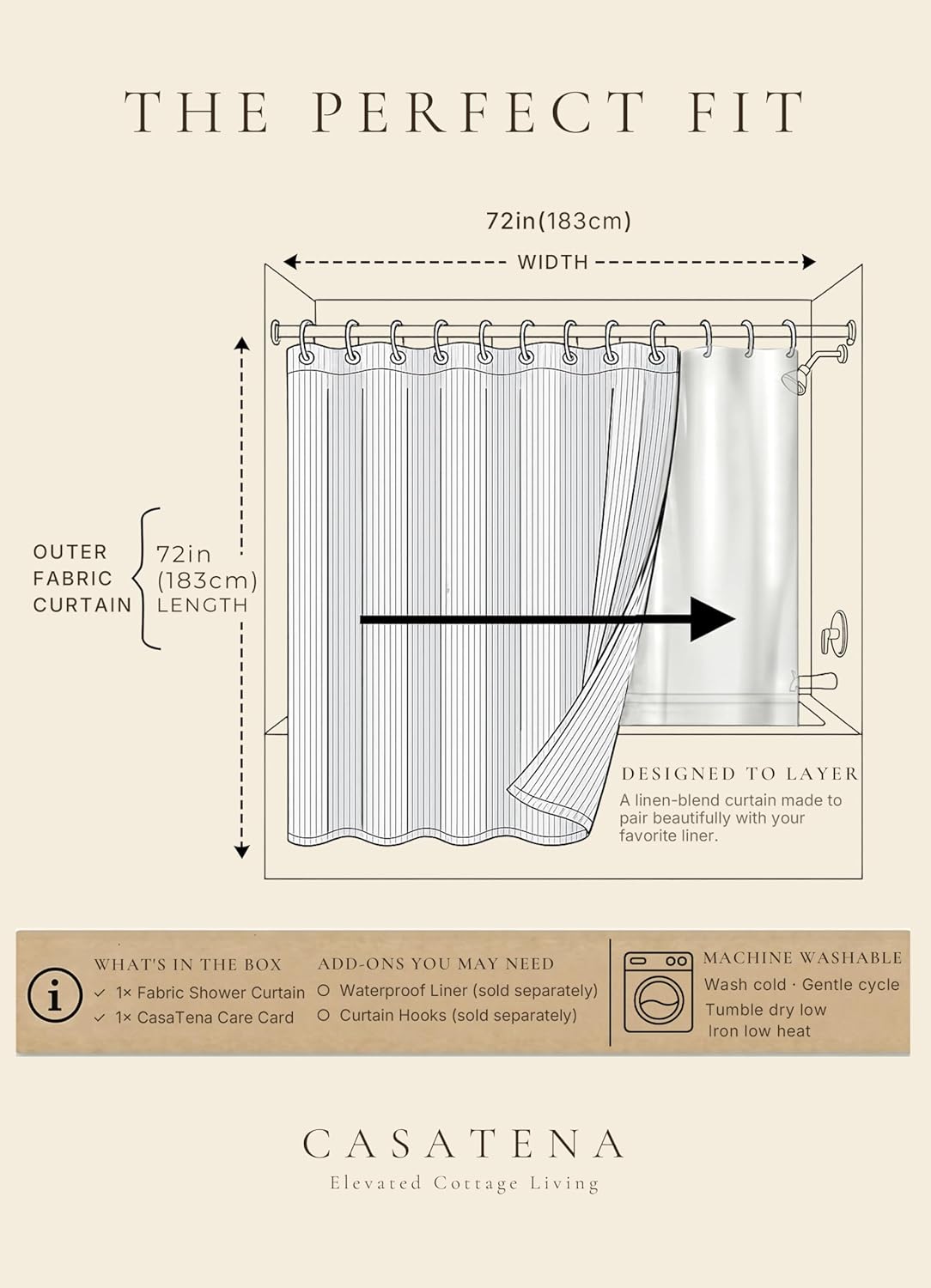 Farmhouse Striped Shower Curtain - 72x72 Inches, Linen Blend Fabric, Breathable & Machine Washable, Rustic Sage for Bathroom Decor (Hooks/Liner Not Included)