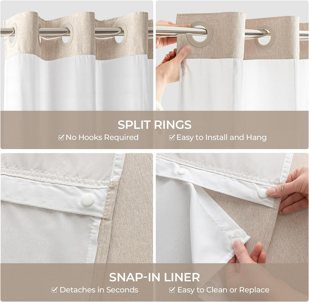 River Dream Linen Textured No Hook Shower Curtain with Snap-in Liner, Farmhouse Quick Dry Fabric Shower Curtain for Bathroom,Rustic Bathroom Set,See-Through Top Window,Water-Repellent,Linen,71Wx74L