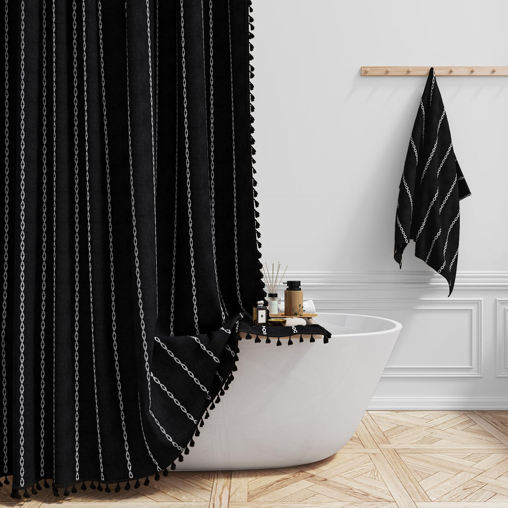 BTTN Boho Farmhouse Shower Curtain, Linen Rustic Weighted Striped Cloth Shower Curtain Set with Tassel, Water Repellent, Bohemian Vintage Country Fabric Shower Curtain for Bathroom, Cream/Beige, 72x72