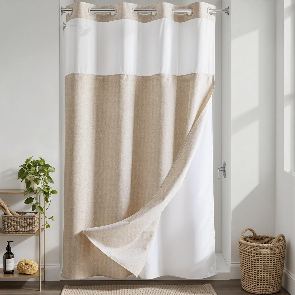 River Dream Linen Textured No Hook Shower Curtain with Snap-in Liner, Farmhouse Quick Dry Fabric Shower Curtain for Bathroom,Rustic Bathroom Set,See-Through Top Window,Water-Repellent,Linen,71Wx74L