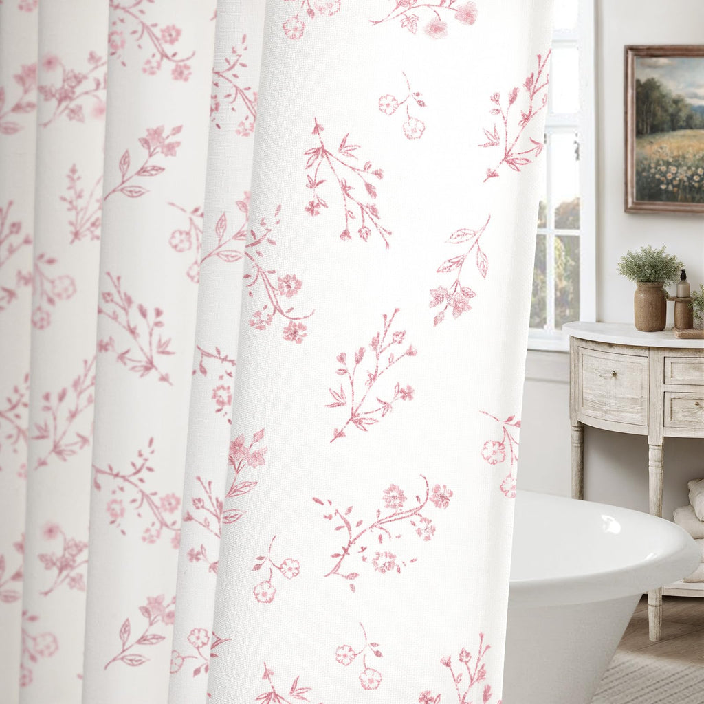 Floral Farmhouse Vintage Linen Shower Curtain, French Country Spring Shower Curtains for Bathroom, 72Wx72H