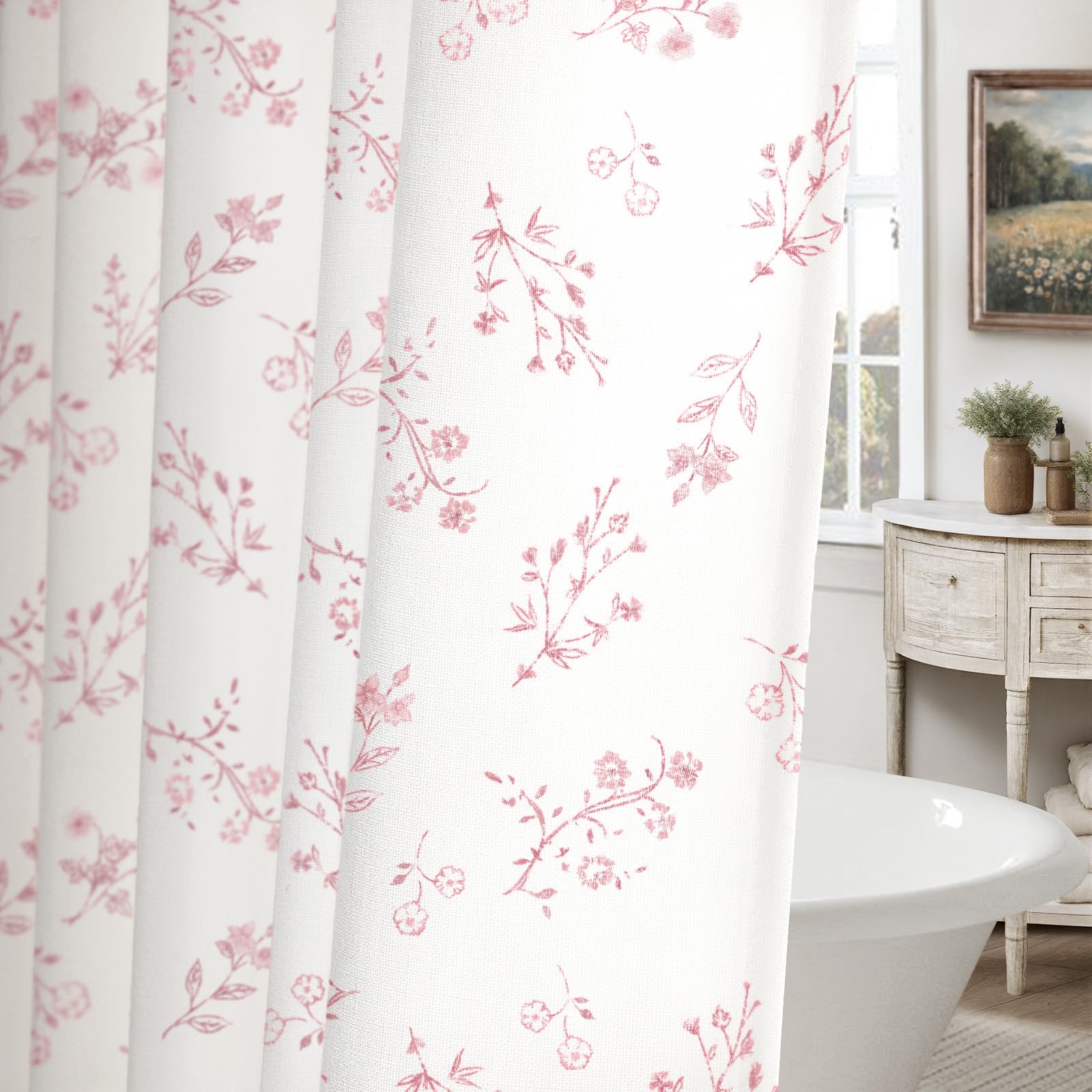 Floral Farmhouse Vintage Linen Shower Curtain, French Country Spring Shower Curtains for Bathroom, 72Wx72H