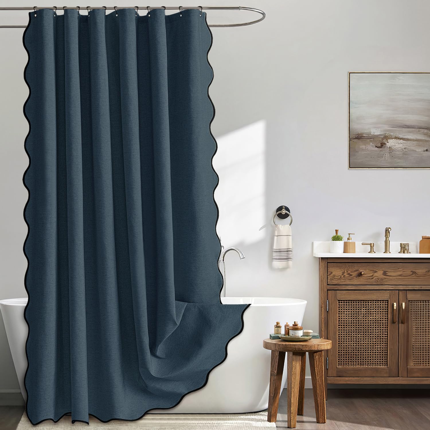 MIULEE Beige Scalloped Shower Curtain Linen Textured with 12 Metal Hooks Cute Heavy Duty Washable Waterproof Neutral Thick Cloth Shower Curtains with Black Border for Bathroom Bathtub,W72*L72 Cream