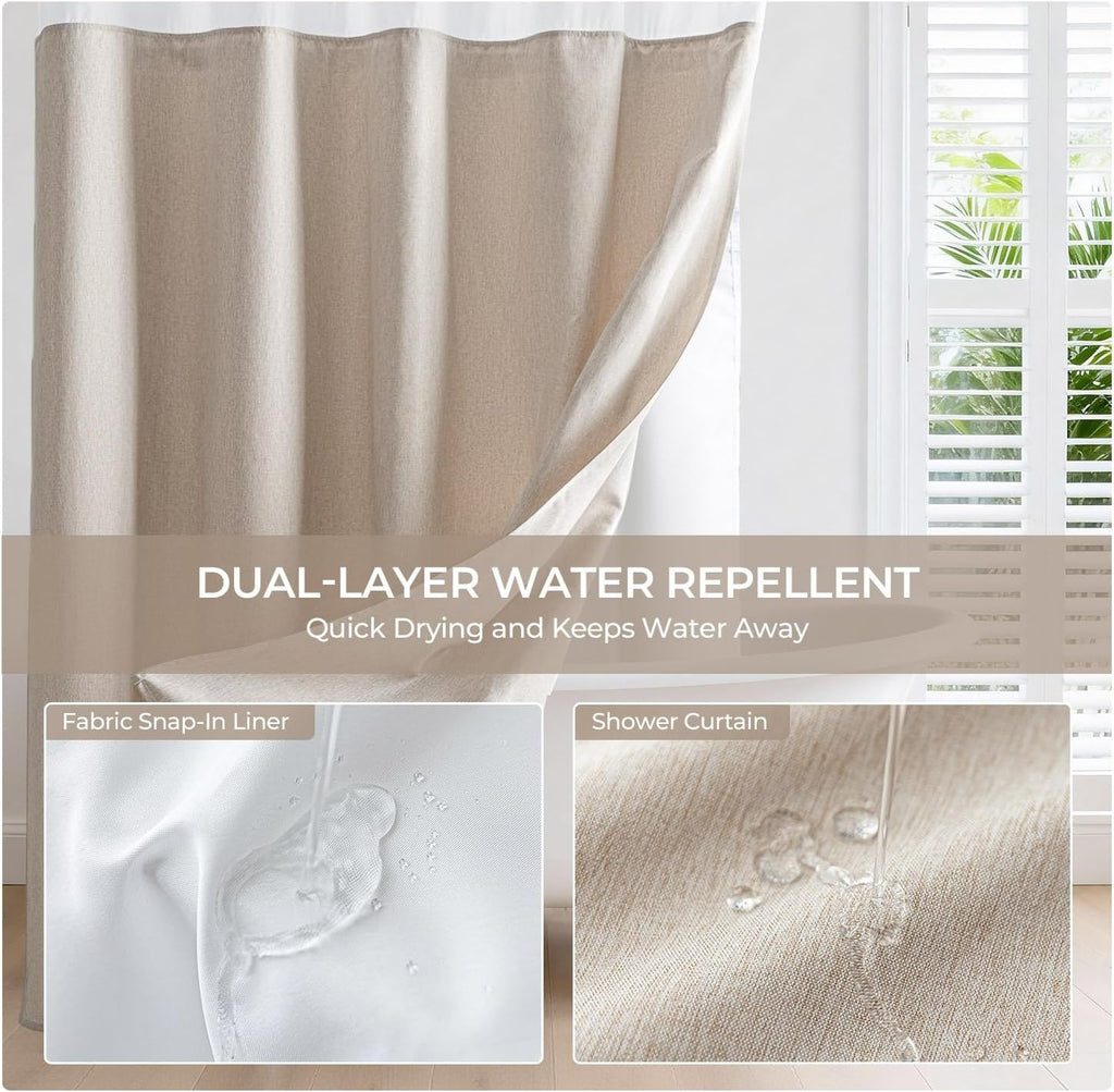 River Dream Linen Textured No Hook Shower Curtain with Snap-in Liner, Farmhouse Quick Dry Fabric Shower Curtain for Bathroom,Rustic Bathroom Set,See-Through Top Window,Water-Repellent,Linen,71Wx74L