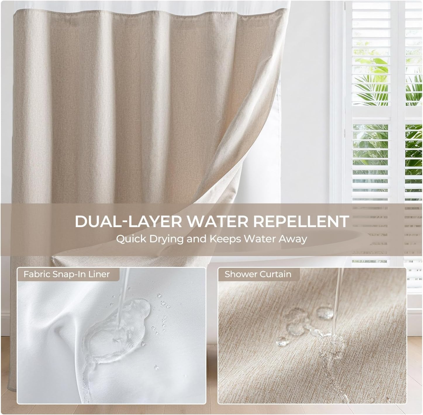 River Dream Linen Textured No Hook Shower Curtain with Snap-in Liner, Farmhouse Quick Dry Fabric Shower Curtain for Bathroom,Rustic Bathroom Set,See-Through Top Window,Water-Repellent,Linen,71Wx74L